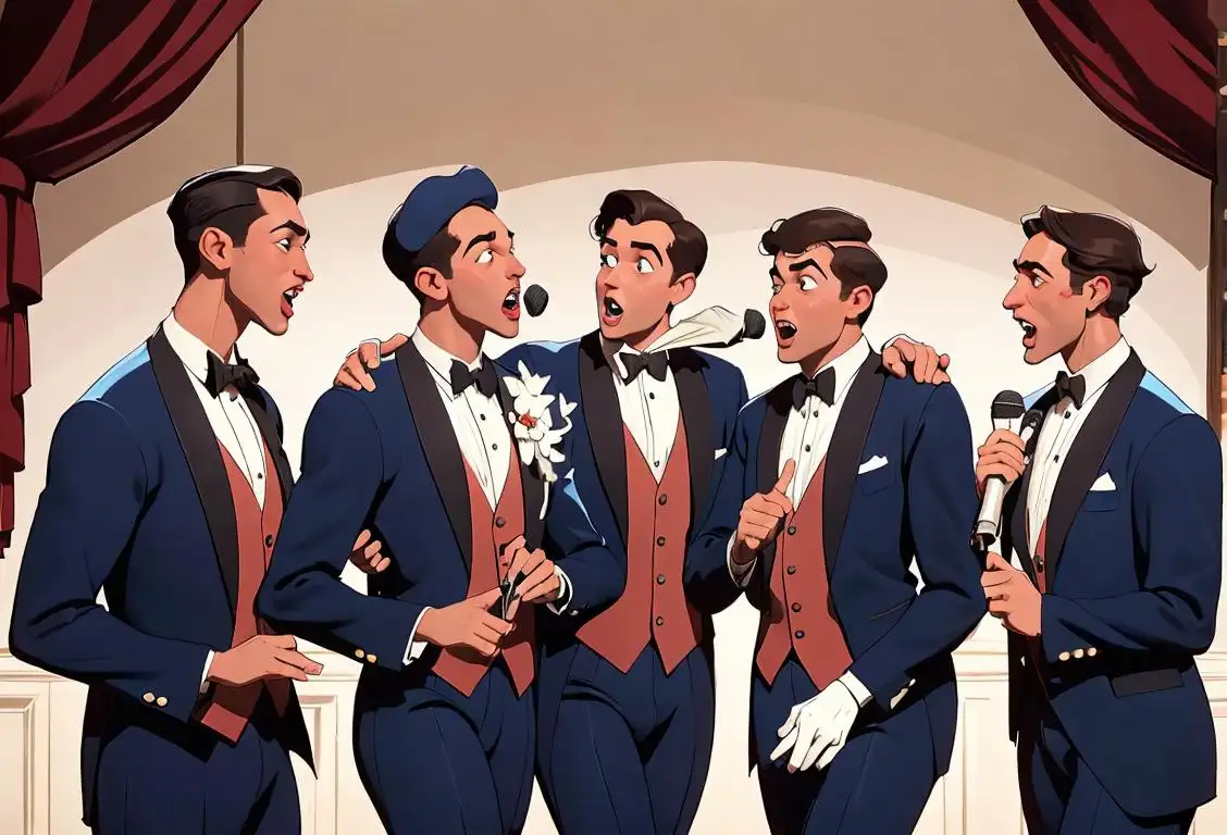 A group of four men in matching suits, singing in perfect harmony, with a vintage microphone and classic barbershop setting..
