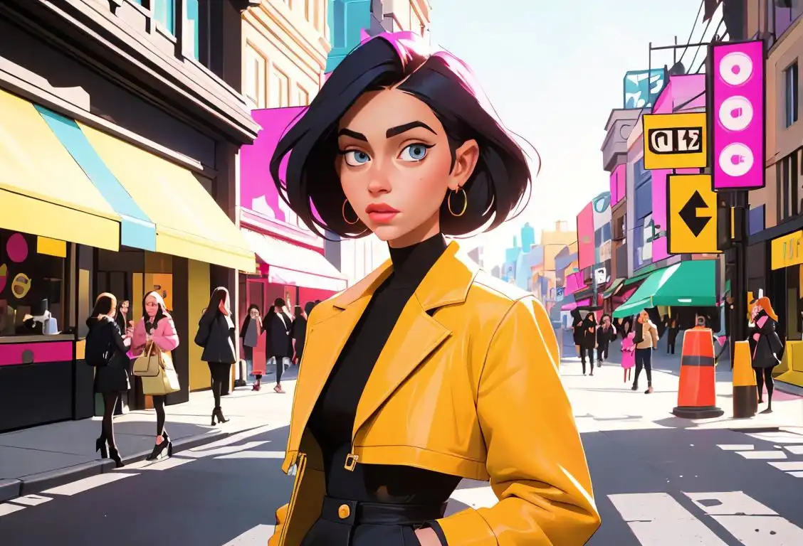 Young woman wearing a stylish and trendy outfit, surrounded by colorful fashion accessories, in a bustling city street..
