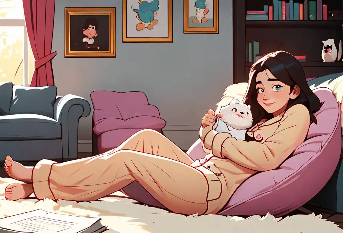 Cheerful person lounging in a cozy living room with a pile of untouched chores nearby, enjoying a book, snuggled up in comfy pajamas, surrounded by fluffy pillows..