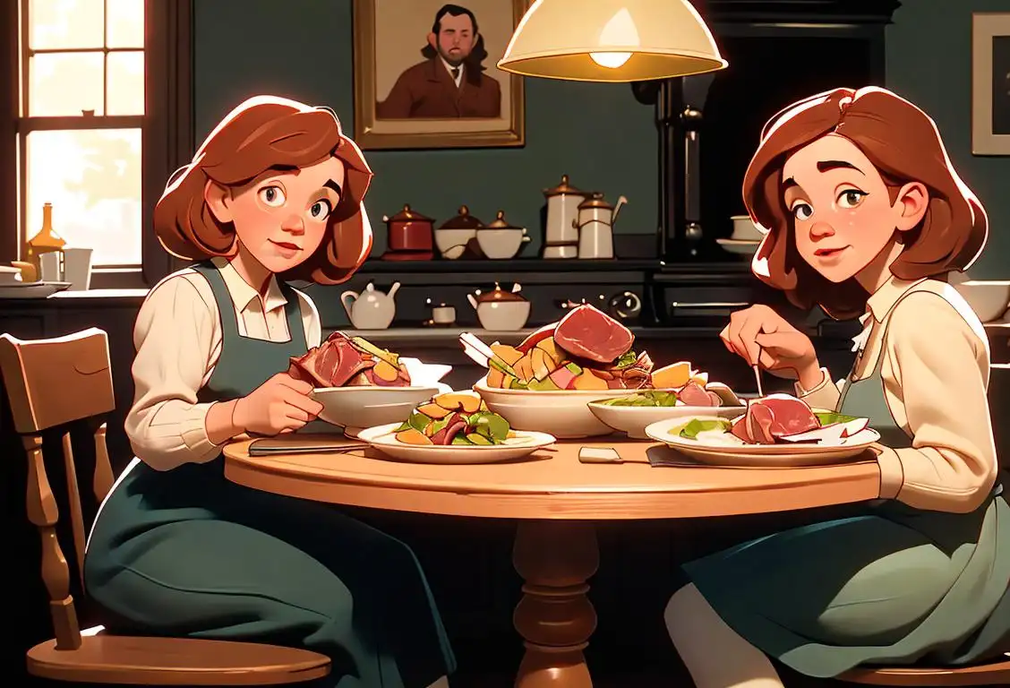 A family sitting around a table enjoying a hearty plate of corned beef hash, with vintage kitchen decor and cozy attire, reminiscent of home-cooked meals..