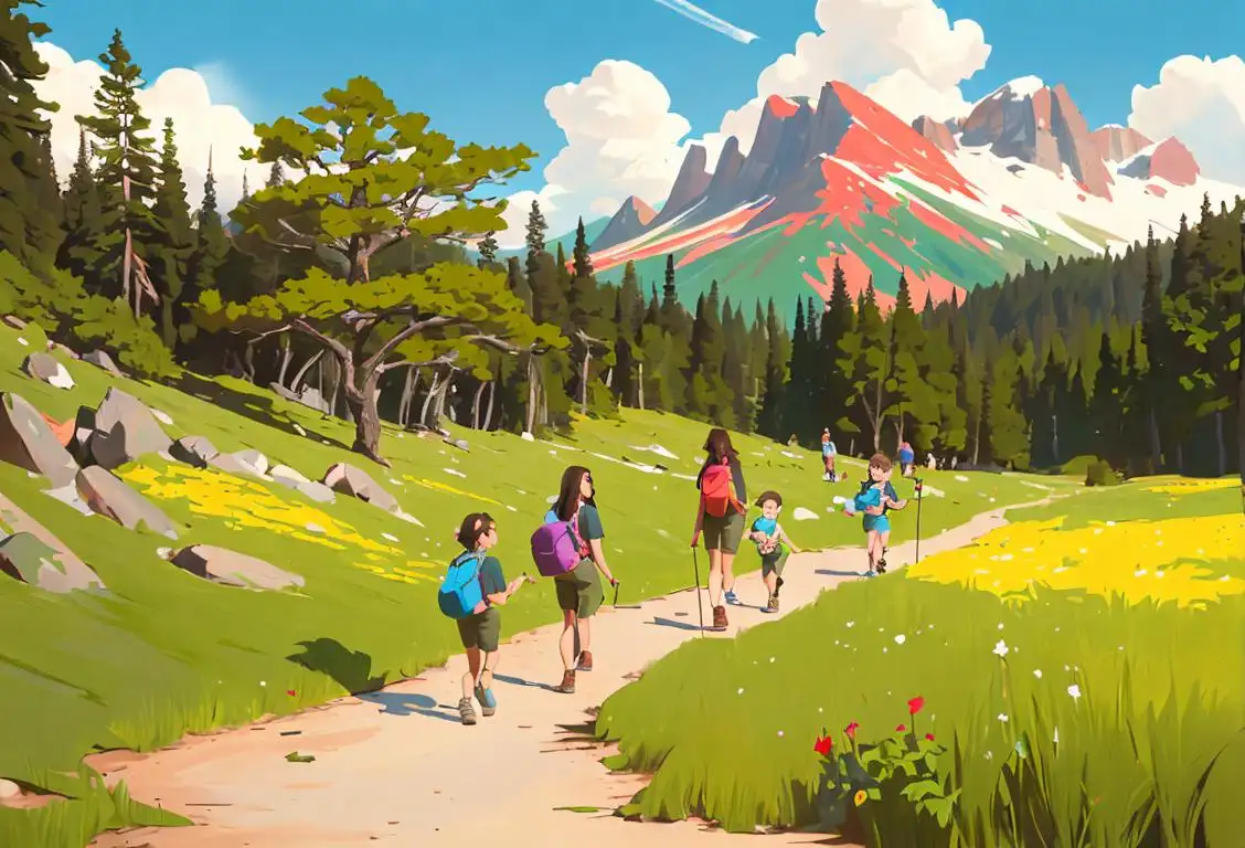 A family hiking through a national park, wearing colorful outdoor gear, surrounded by diverse wildlife and breathtaking nature scenes..