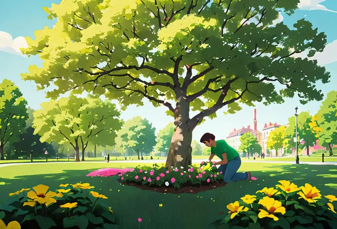 Illustration of a person planting a tree in a park, wearing a green t-shirt, jeans, surrounded by blooming flowers..