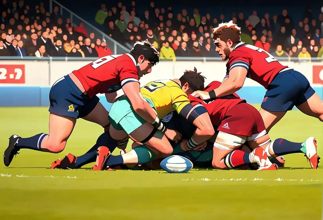 A group of rugby players engaging in a scrum, wearing colorful team jerseys, set in a vibrant stadium atmosphere..