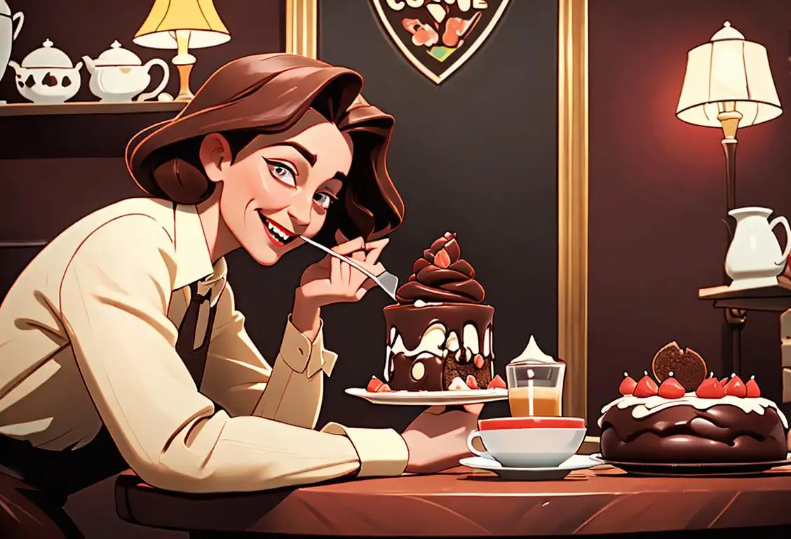 Cheerful person savoring a slice of devil's food cake, wearing a vintage-inspired outfit, in a cozy coffee shop surrounded by chocolatey delights..