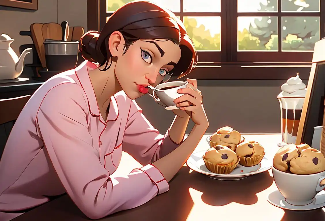 A person in pajamas, sipping coffee, working at a cozy kitchen table with a laptop and a plate of delicious muffins nearby..