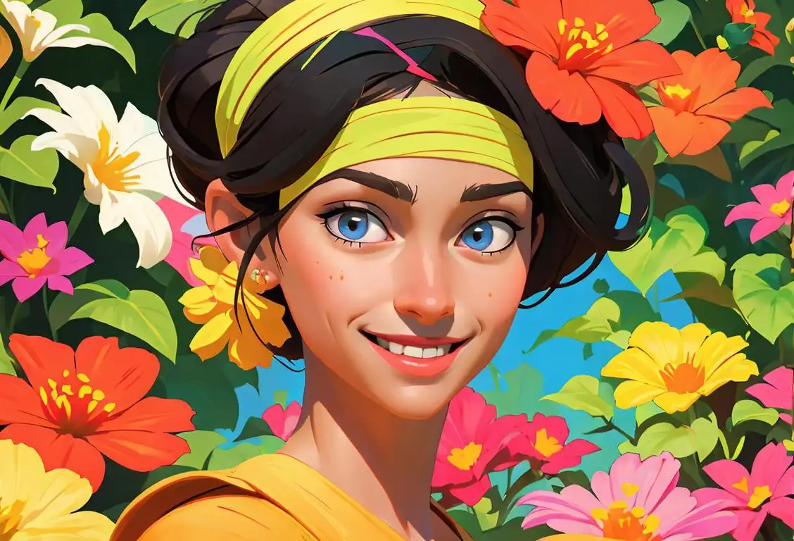 Smiling woman wearing a fl-themed headband, surrounded by colorful flowers in a vibrant garden..