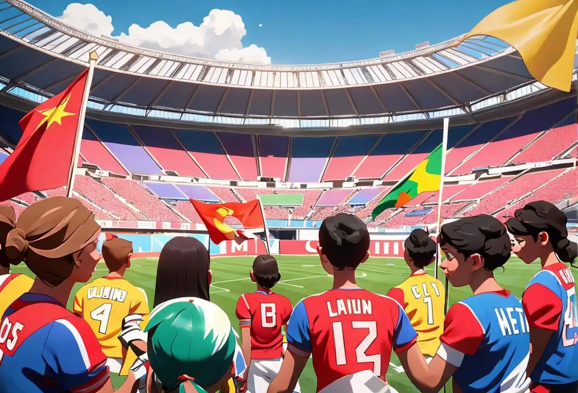 Group of diverse people wearing national team jerseys, cheering and holding flags, against a backdrop of a stadium or sports arena..