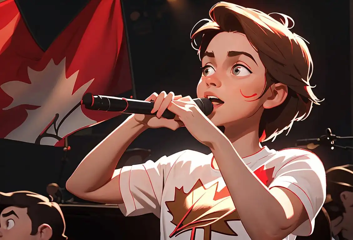 Proudly celebrate Canada Day at the National Music Centre with a young musician rocking a maple leaf band t-shirt, performing on a stage adorned with Canadian flags and surrounded by an enthusiastic audience..
