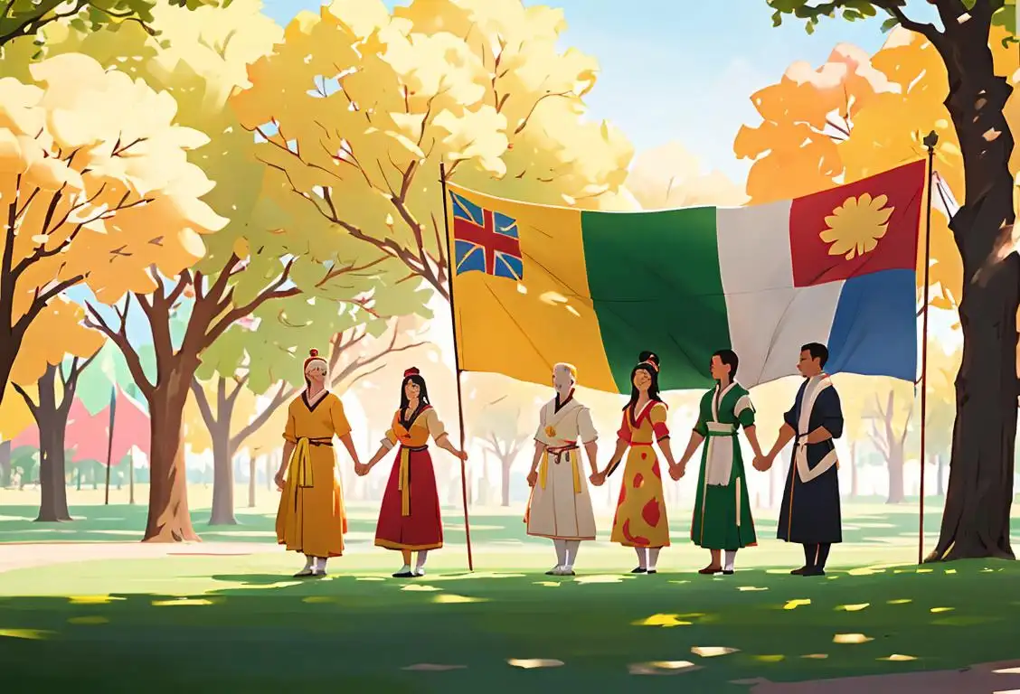 Group of diverse individuals holding hands in front of a flag, showcasing unity and harmony. Different cultural outfits, sunny park setting..