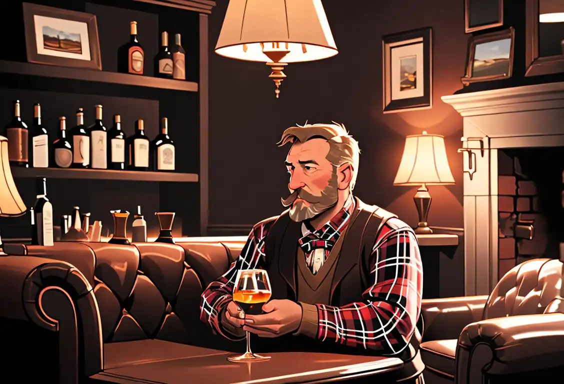 A cozy pub in the Scottish Highlands, with a plaid-clad bartender pouring Scotch whiskies for a diverse group of patrons, surrounded by worn leather chairs and roaring fireplaces..