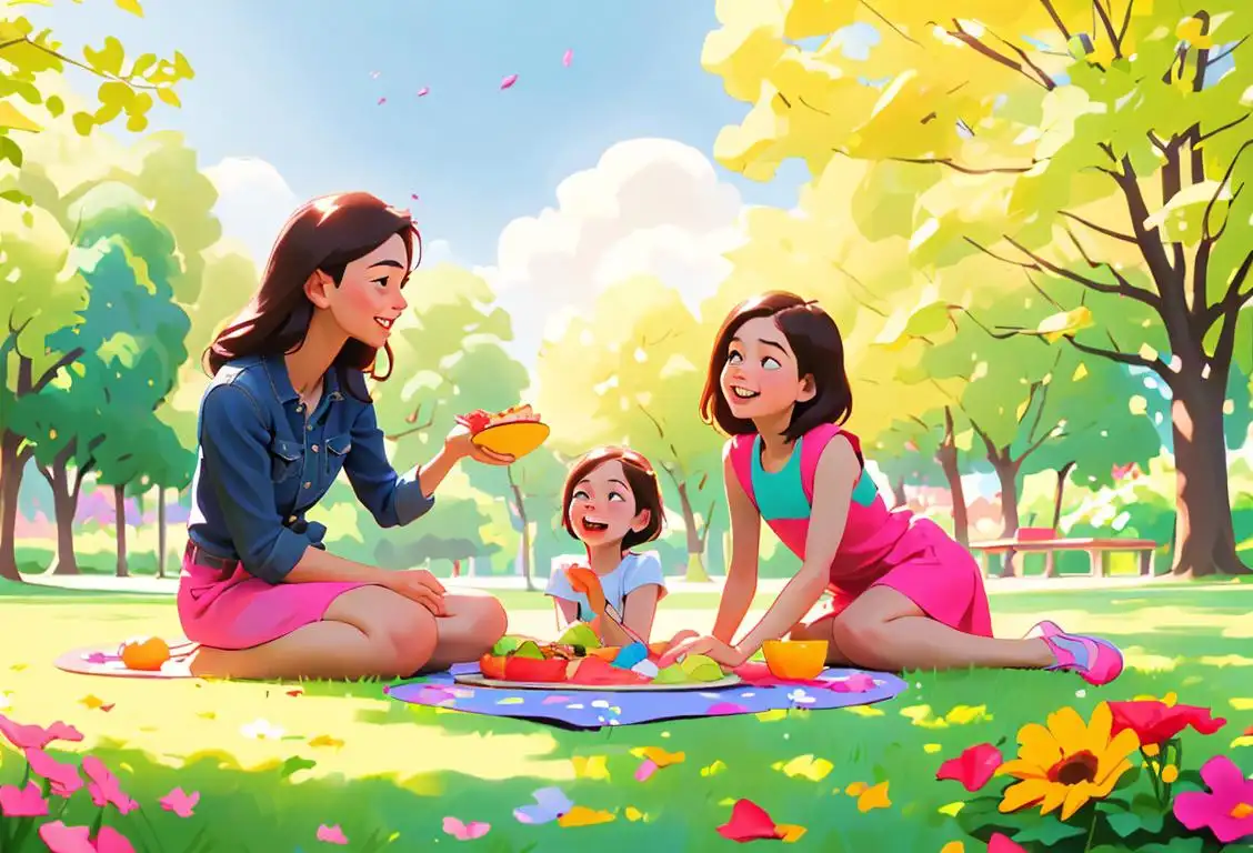 Happy family having a picnic in a sunny park, wearing colorful summer outfits, surrounded by beautiful flowers and playing with a Frisbee..