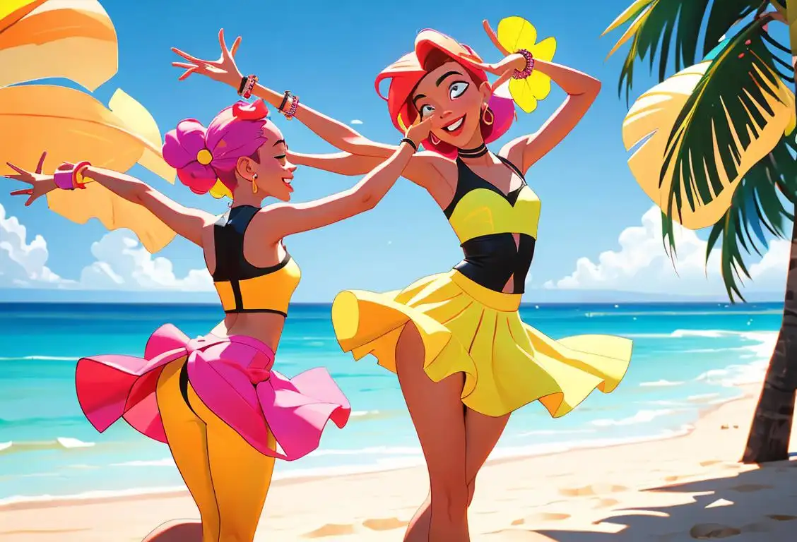 Cheerful individuals wearing vibrant bgv-inspired outfits, dancing to lively bgv beats in a tropical beach setting, exuding joy and celebration..