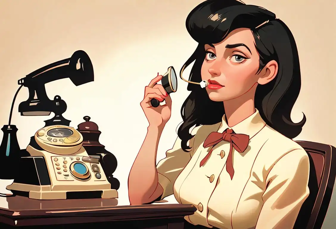 Young woman in vintage attire sitting by a landline telephone, sipping tea, surrounded by retro decor.