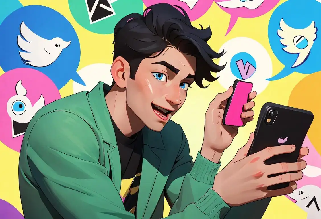 Young man in trendy clothes, holding a smartphone with Twitter logo, surrounded by colorful social media icons, expressing excitement and happiness..