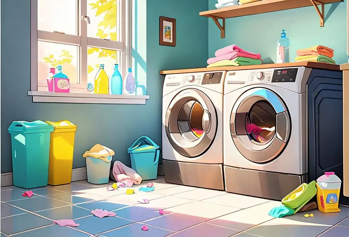 Colorful pile of mismatched socks, surrounded by laundry detergent bottles, in a sunny laundry room with open windows..