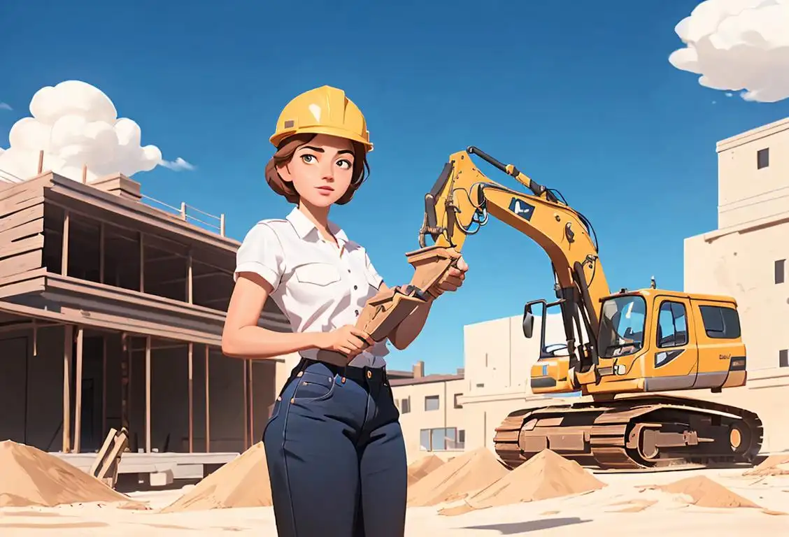 Young woman in work attire, holding a toolbox, surrounded by construction equipment, with a clear blue sky in the background.