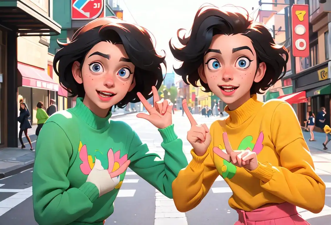 Cheerful young adult twins in matching outfits, in an urban street setting, showcasing their individual personalities with playful gestures..