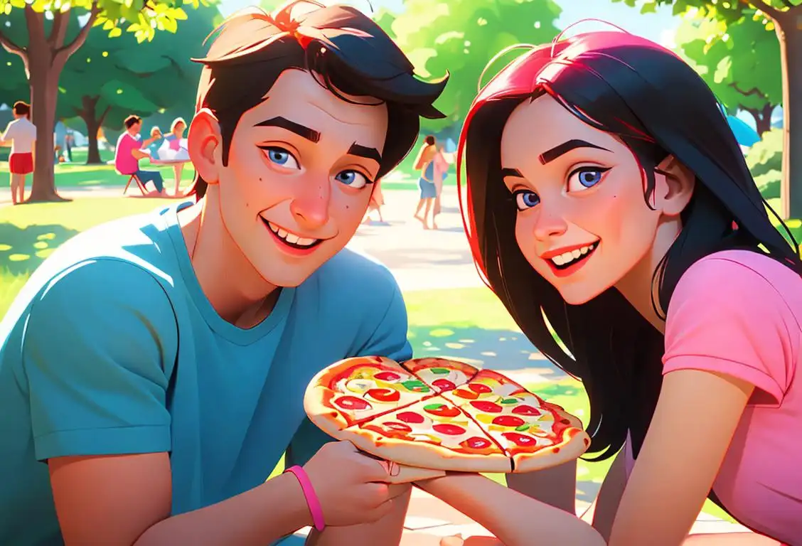 Young couple sharing a heart-shaped pizza, picnic in a park, colorful summer clothing, joyful expressions..