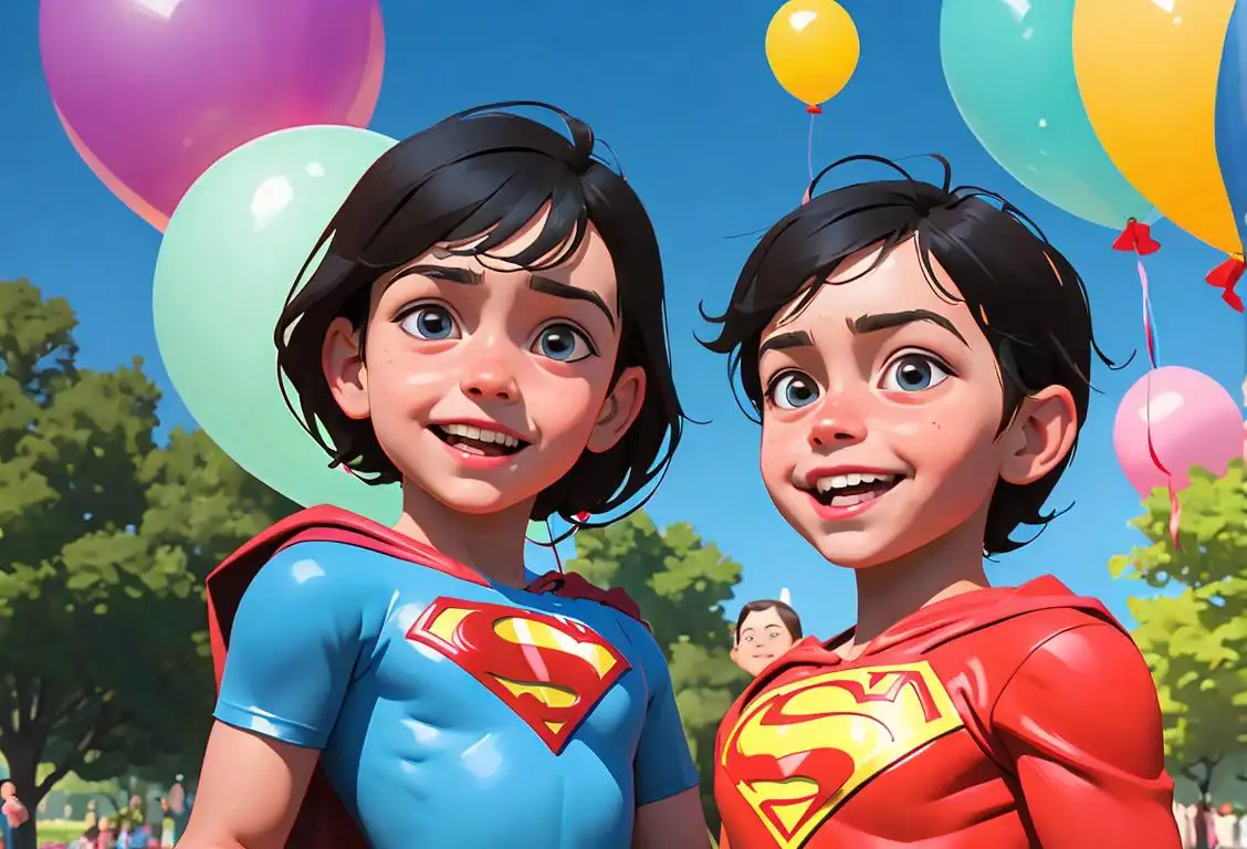Child wearing a superhero costume, playing outside in a park, surrounded by colorful balloons and smiling faces..