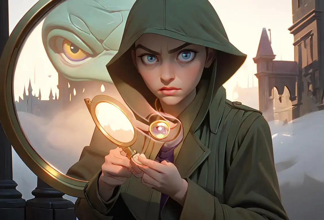 Bright-eyed woman in a trench coat, holding a magnifying glass, surrounded by a mysterious foggy cityscape..