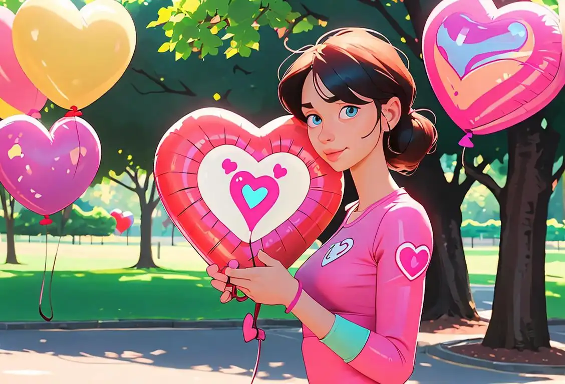 A person holding a heart-shaped balloon, wearing a fitness tracker, amidst a vibrant outdoor park scene..