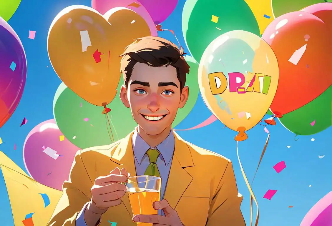 A smiling person dressed in professional attire, holding a urine sample cup, surrounded by colorful balloons and confetti..
