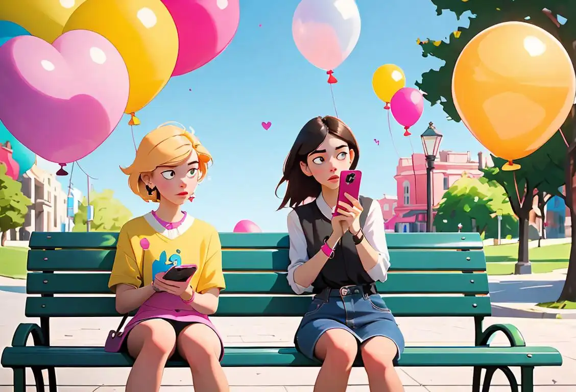 Two young people nervously clutching their phones, sitting on a park bench, wearing trendy outfits and surrounded by colorful balloons..
