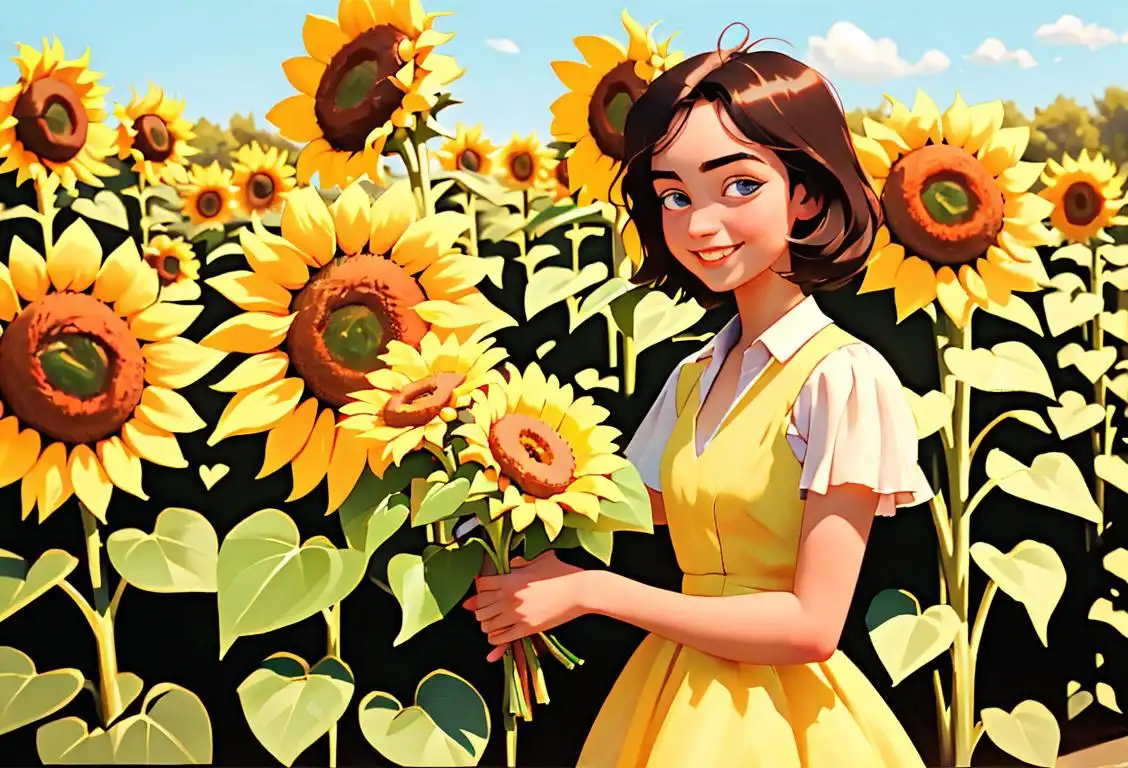 Cheerful teenager holding a bouquet of sunflowers, wearing a vintage summer dress, countryside picnic setting..