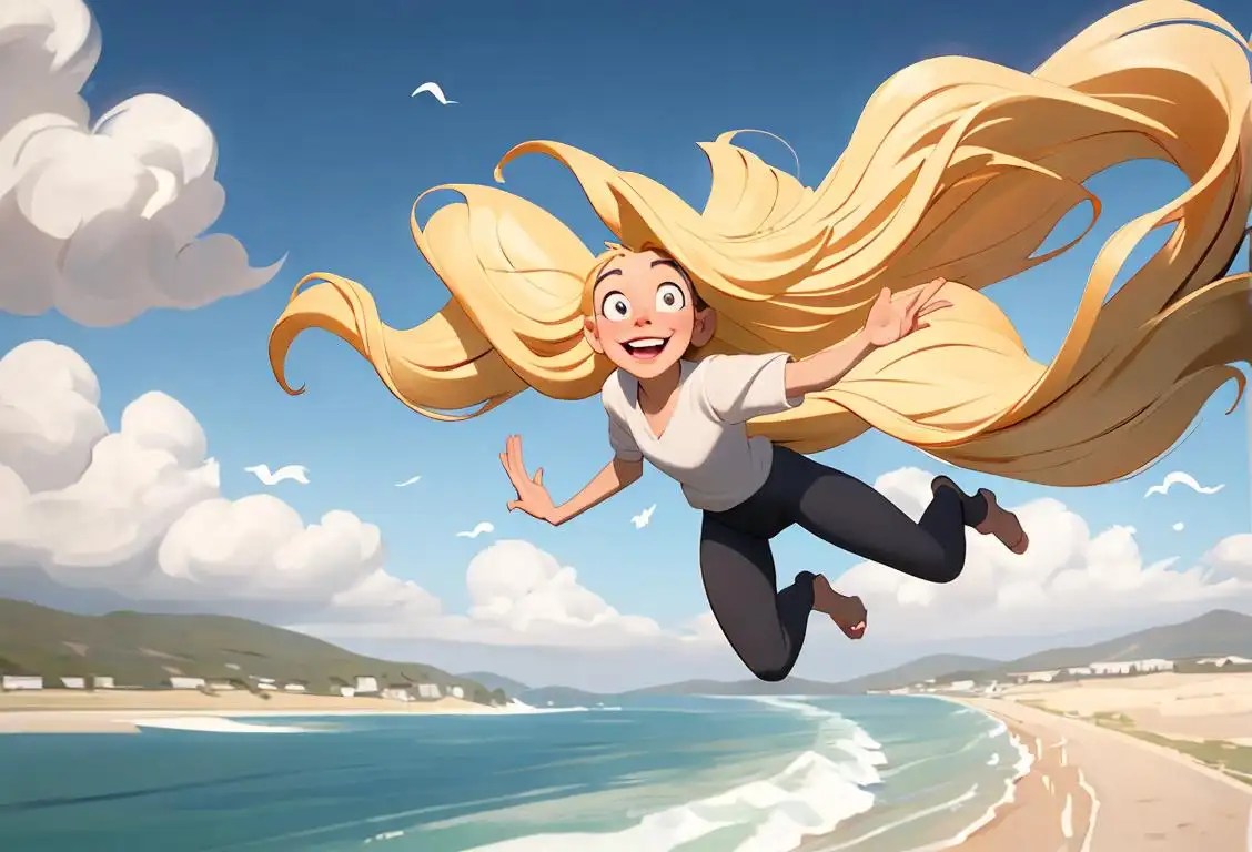 A carefree person enjoying the wind, with flowing hair and a beaming smile, in a scenic natural setting..