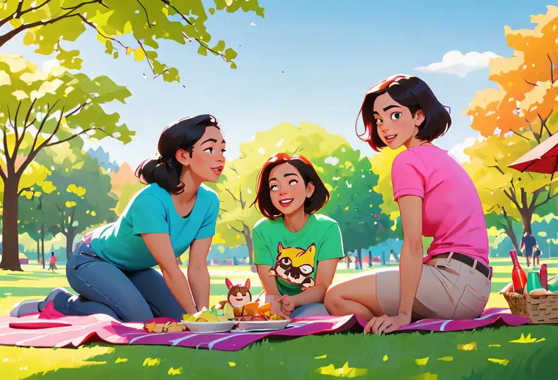 A diverse trio of friends in matching t-shirts, enjoying a picnic in a vibrant park..