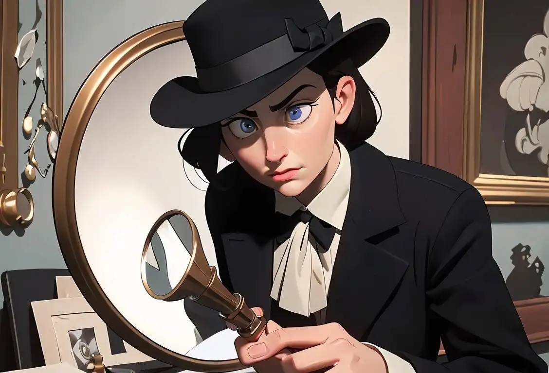 Smartly dressed agent in a classic detective hat, holding a magnifying glass, exploring a mysterious crime scene with a serious expression..