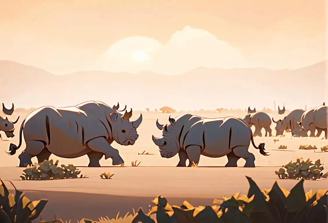 Group of rhinos with curved horns in a savanna, bathed in soft golden light.