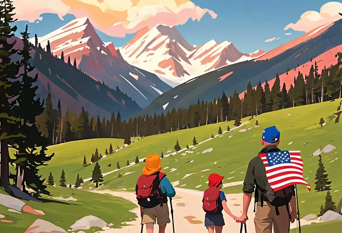 A family of hikers with American flag bandanas and backpacks, exploring a scenic national park landscape on Presidents Day..