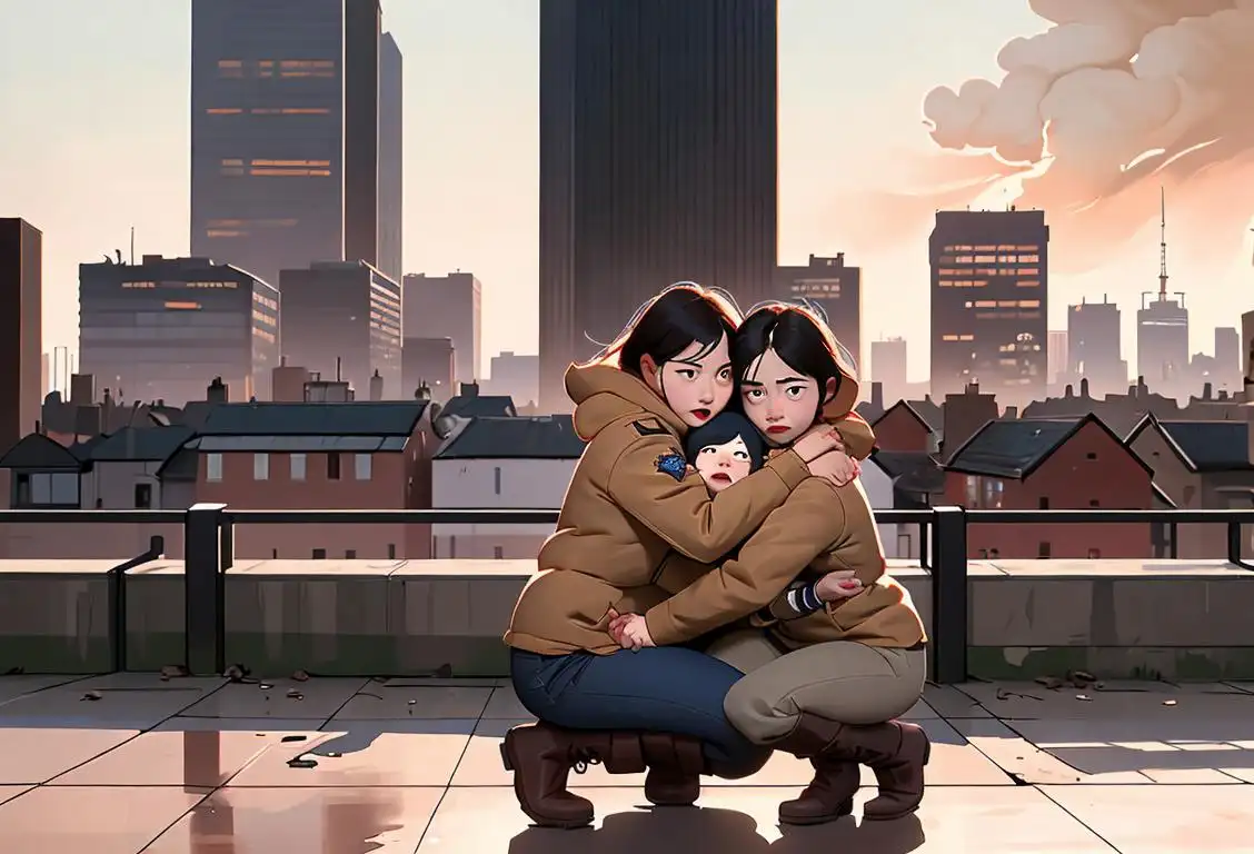A family embracing in front of a well-stocked emergency kit, wearing sturdy boots, outdoors with a city skyline in the background..