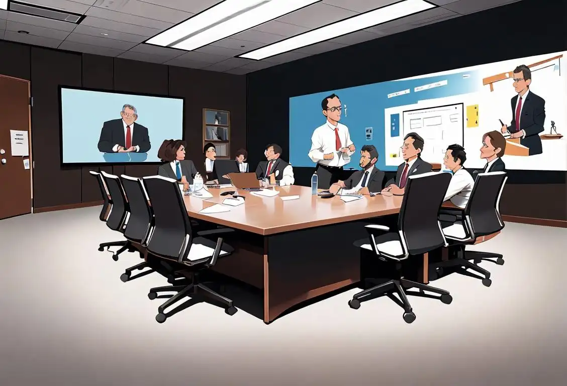 A diverse group of professionals, in business attire, meeting in a modern office with a large conference table and high-tech gadgets..