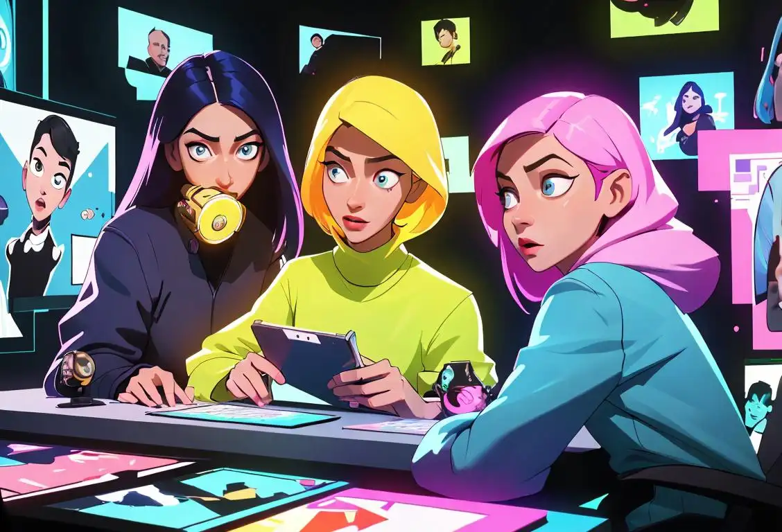 A group of friends reading a captivating online article, dressed in trendy clothes, surrounded by an array of colorful digital screens and tech gadgets..
