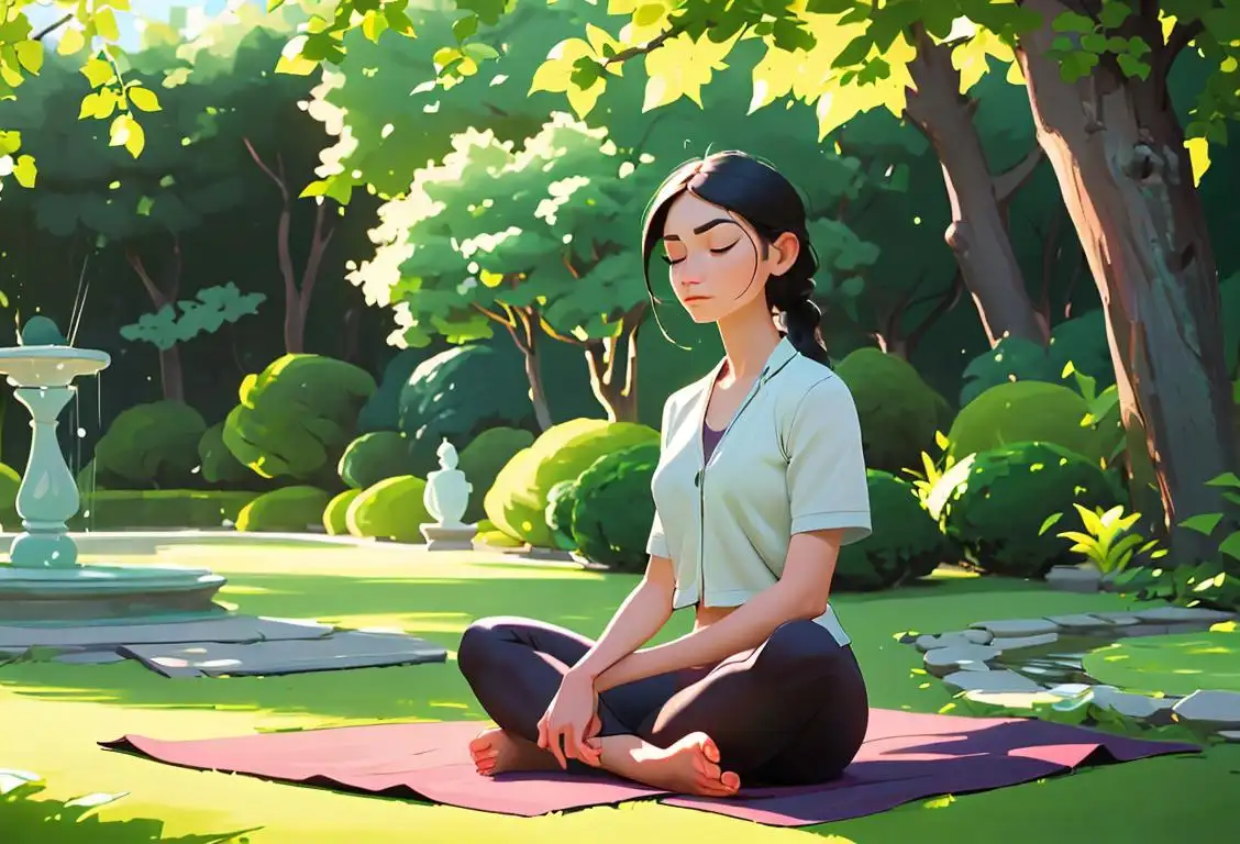 A person peacefully meditating in a serene garden, wearing comfortable and stylish activewear, surrounded by lush greenery..