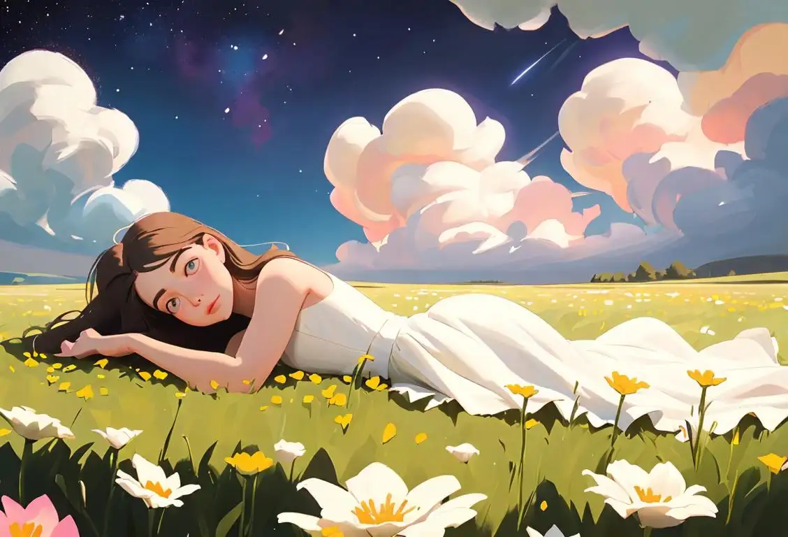 Young girl lying in a field of flowers, wearing a flowy white dress, surrounded by clouds and stars..