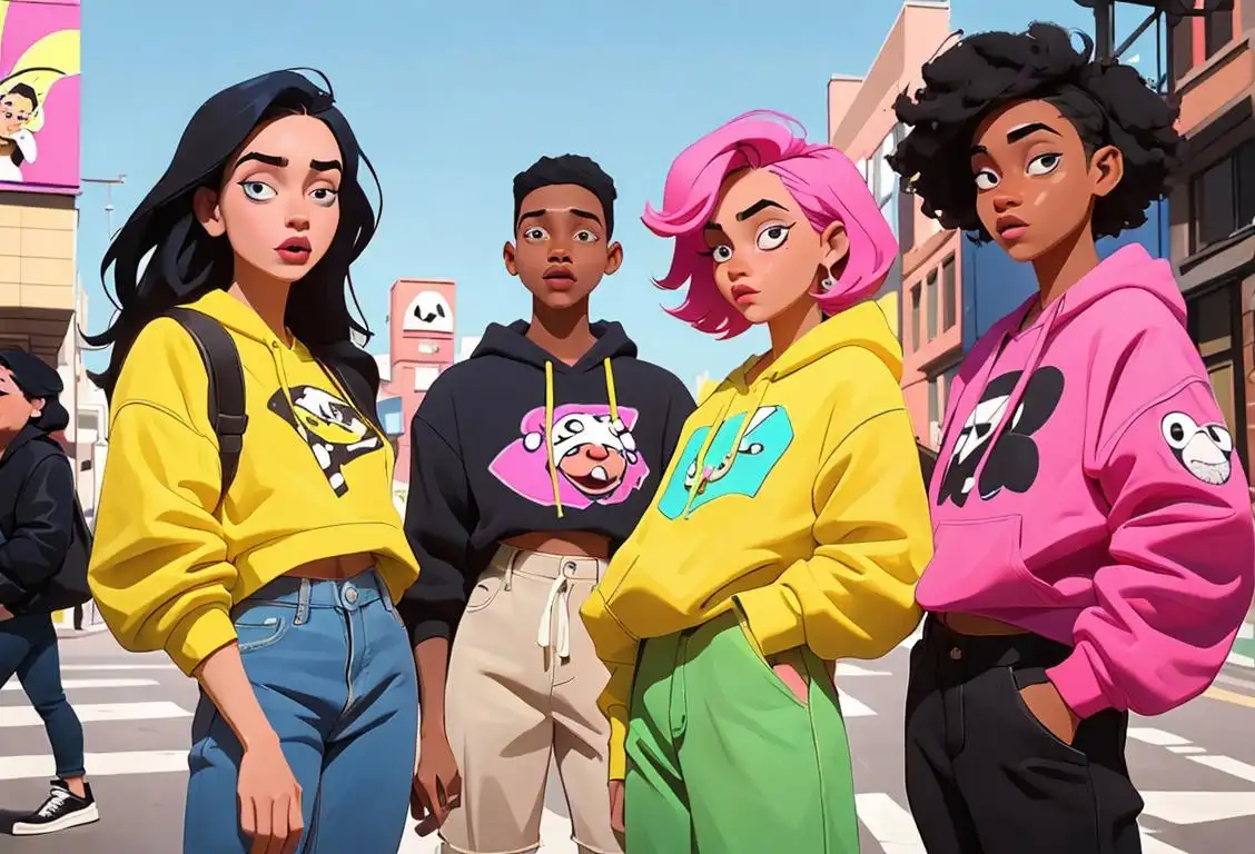A group of diverse young adults having a rad time, showing off their unique slang-inspired fashion styles against a vibrant urban backdrop..