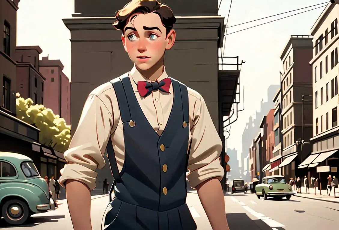 Young man confidently sporting suspenders, with a vintage vibe, in a bustling urban setting..