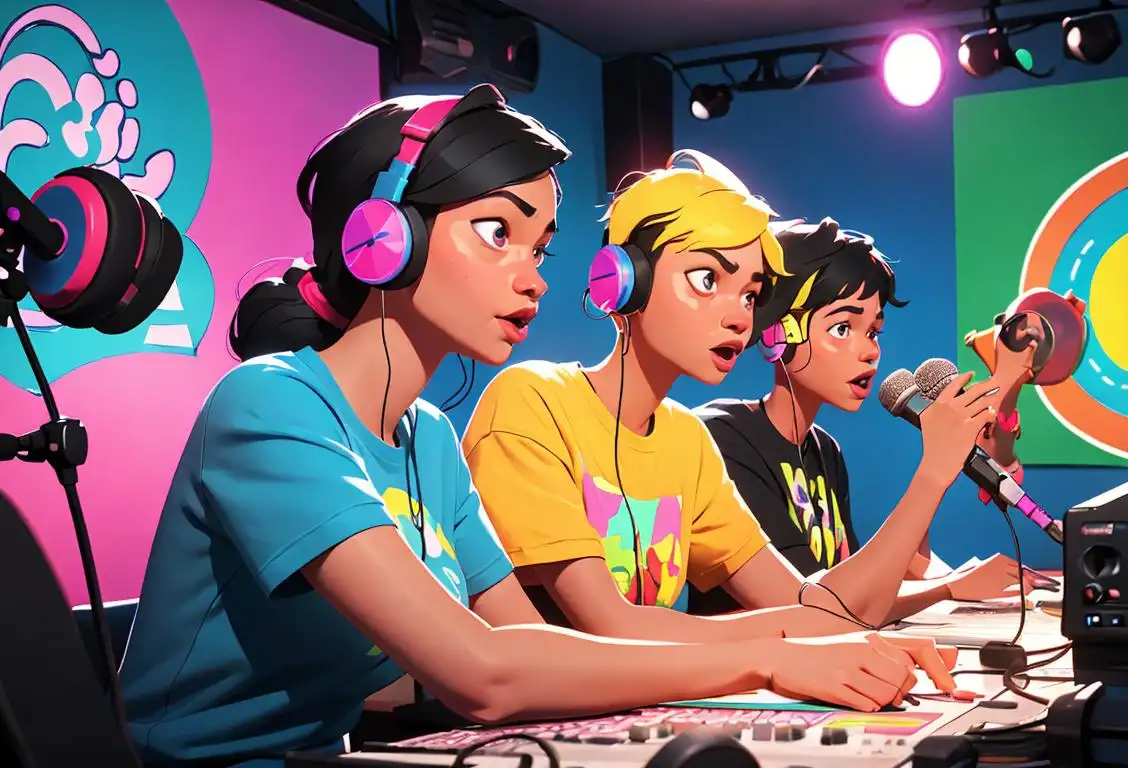 A diverse group of people gathered around a microphone, wearing headphones, recording a community radio show. Some wear colorful t-shirts, others in trendy outfits, in a vibrant radio studio..