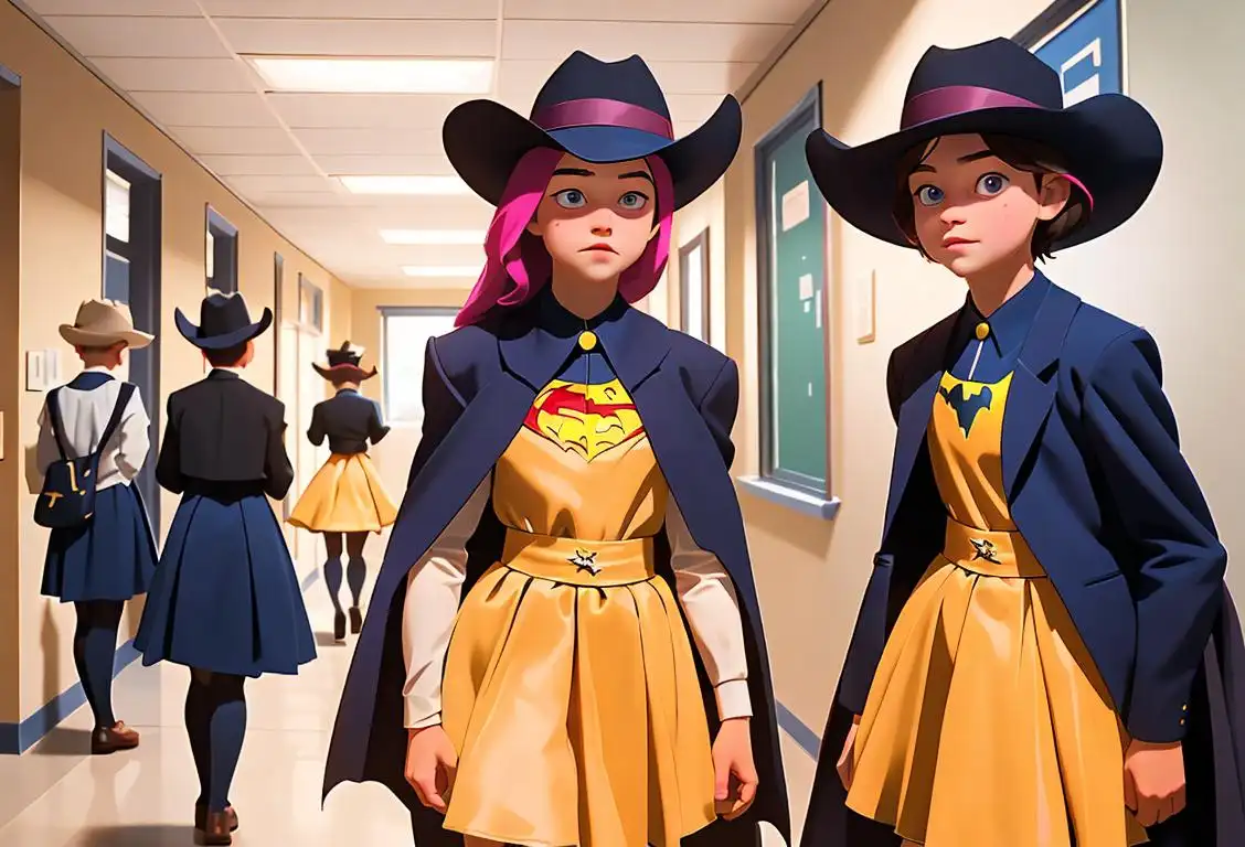 Young students in Lutheran school uniforms, dressing up for special dress days; some wearing tutus, superhero costumes, and cowboy hats, in a colorful school corridor..
