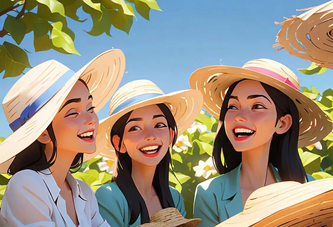 Picture of a group of people wearing stylish straw hats, laughing and enjoying a sunny day at a garden party..
