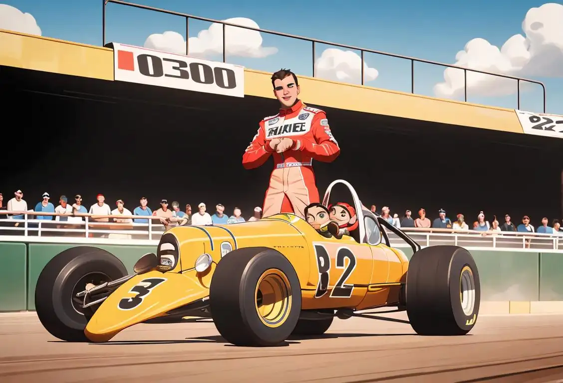 Young man wearing a racing jumpsuit, standing next to a sprint car, race track scene, cheering crowd in the background..