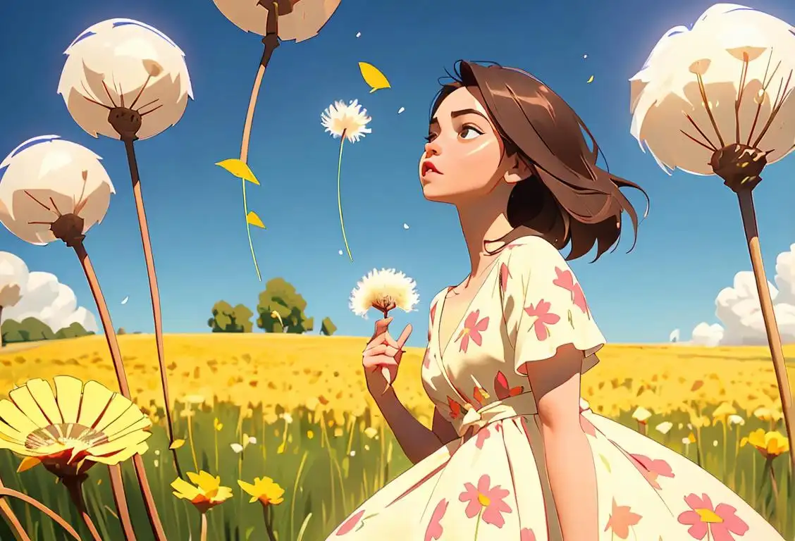 Young woman surrounded by nature, wearing a floral dress, blowing dandelion seeds into the air, sunny field setting..