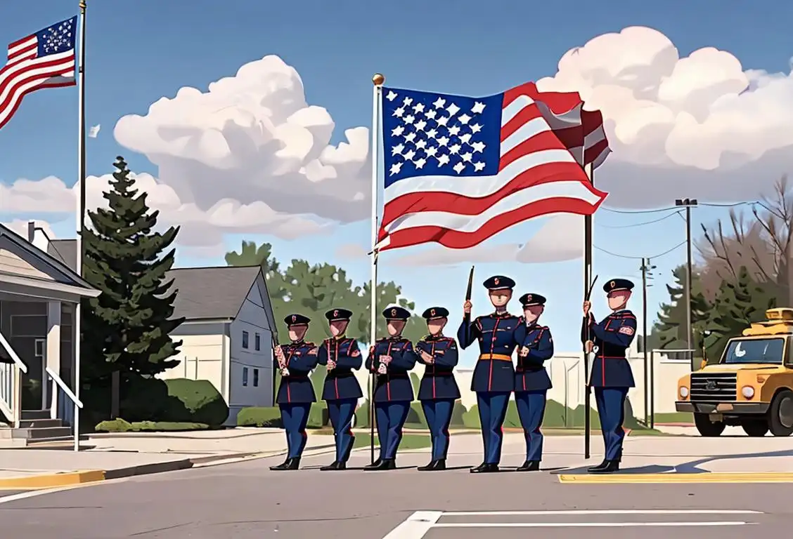 National Guard troops standing in front of a polling location, wearing dress uniforms, American flag waving in the background..