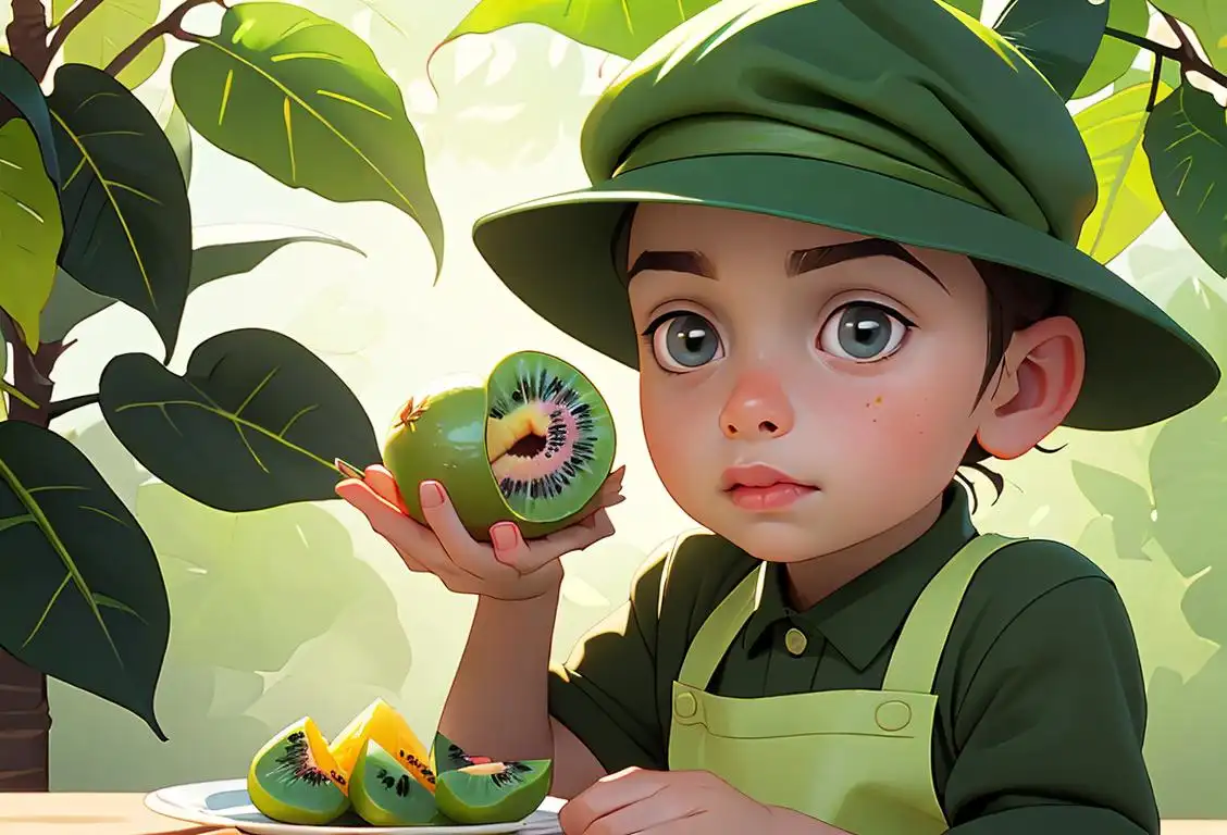 Kiwi fruit slice with vibrant green flesh on a plate, surrounded by tropical foliage, with a cute child wearing a chef hat and apron exploring fruit..