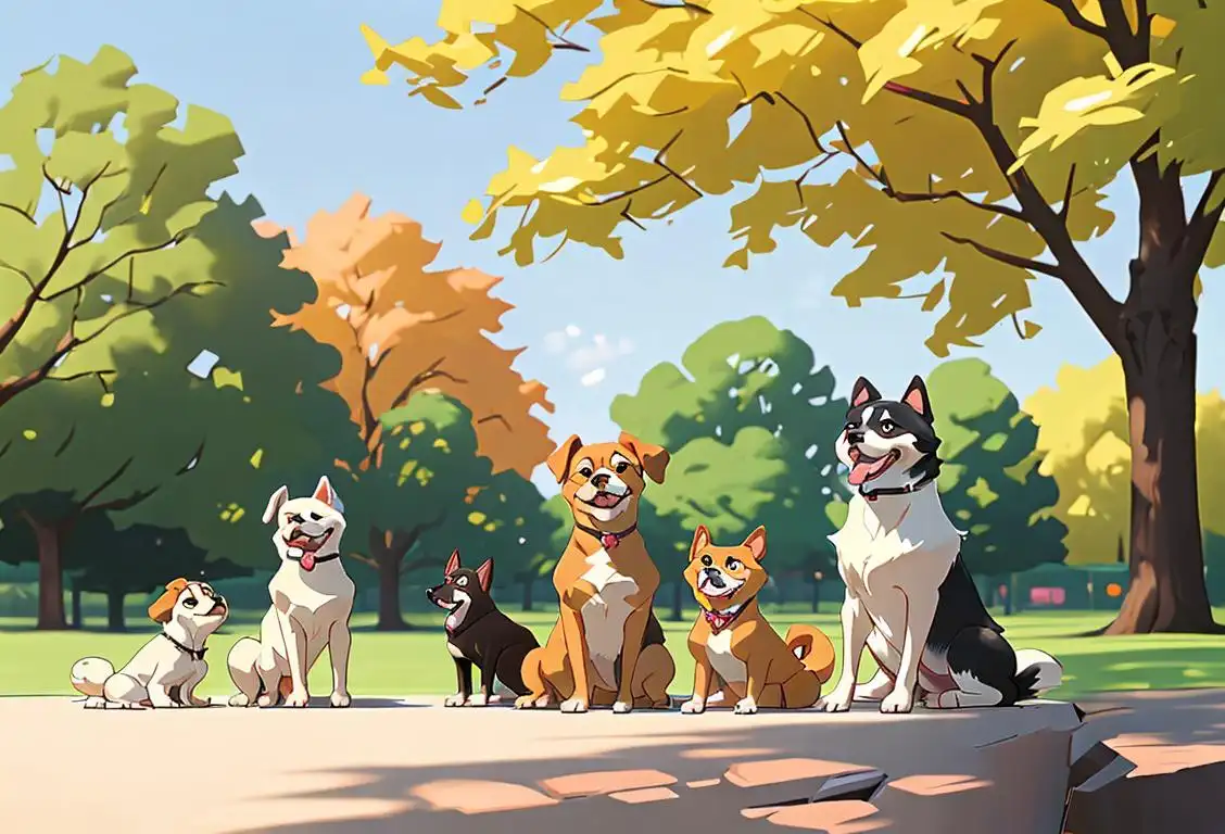 A group of diverse pure breed dogs sitting together in a park, each one representing a different distinct breed. Sunny day, happy dog owners included..