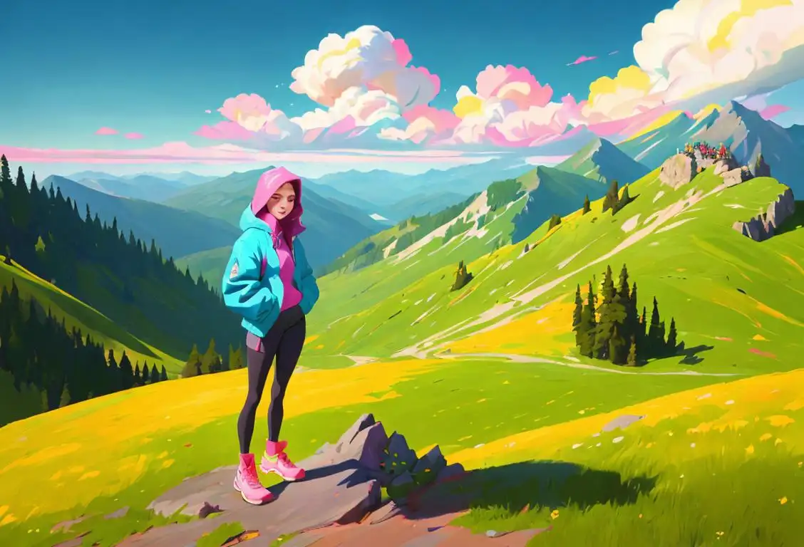 Young woman standing on top of a mountain, wearing a colorful windbreaker, surrounded by beautiful nature..