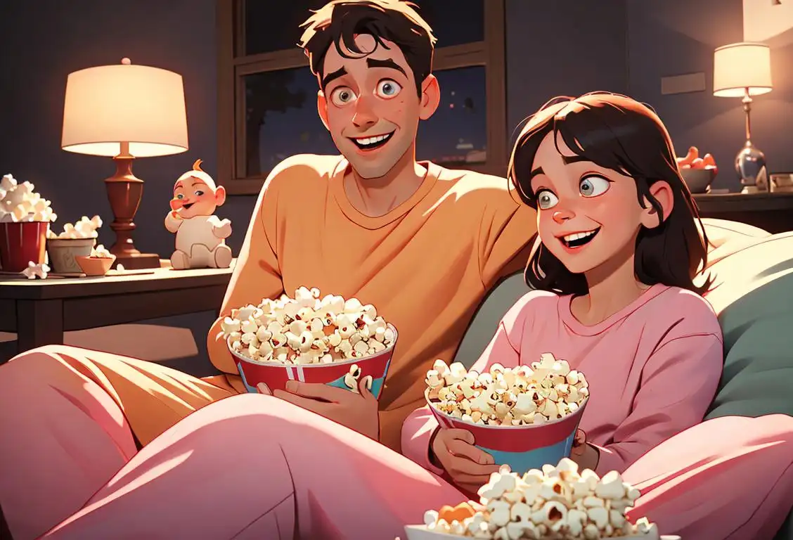Happy family enjoying a cozy movie night in their pajamas, surrounded by popcorn and laughter..